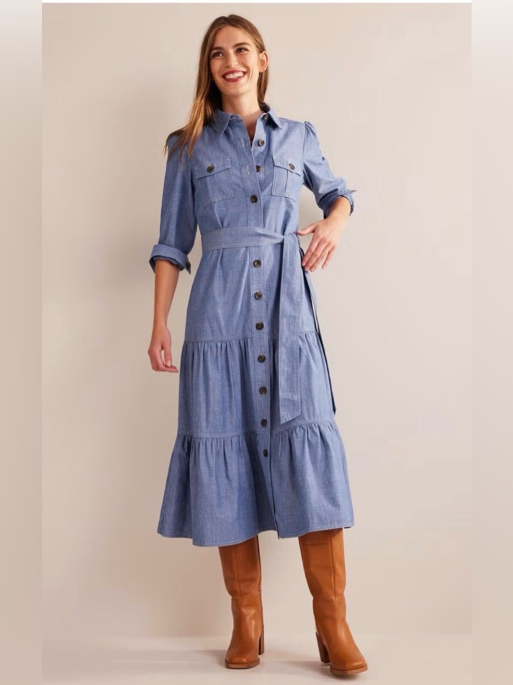 NWT Boden Blue Tiered Button-Front Midi Dress - Picture 2 of 10